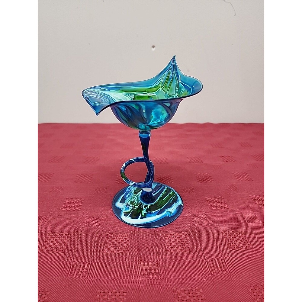 Flame Glow By PENCO Hand Blown Art Glass Candle Holder Blue And Green Abstract
